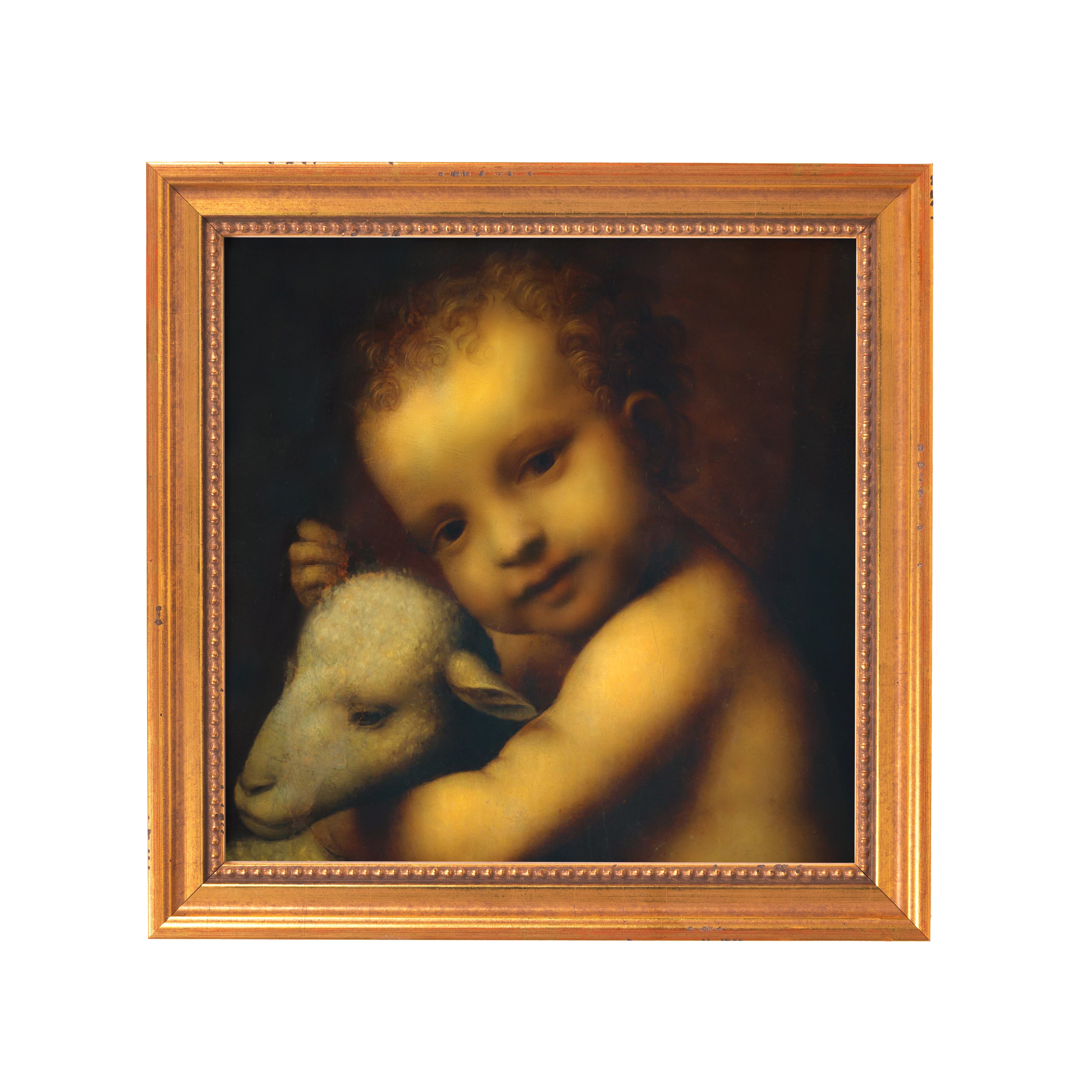 Framed painting depicts a nude baby hugging a lamb, gold frame.