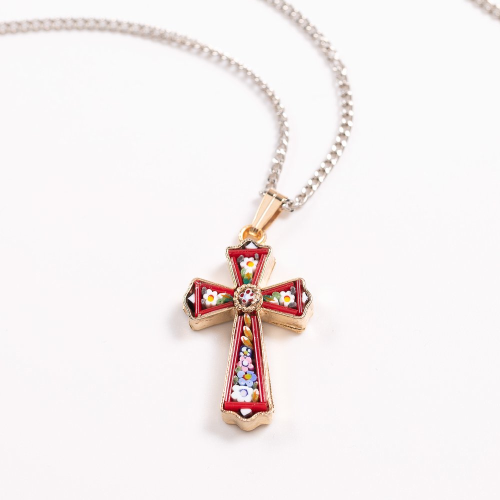 Gold & Floral Mosaic Cross Necklace