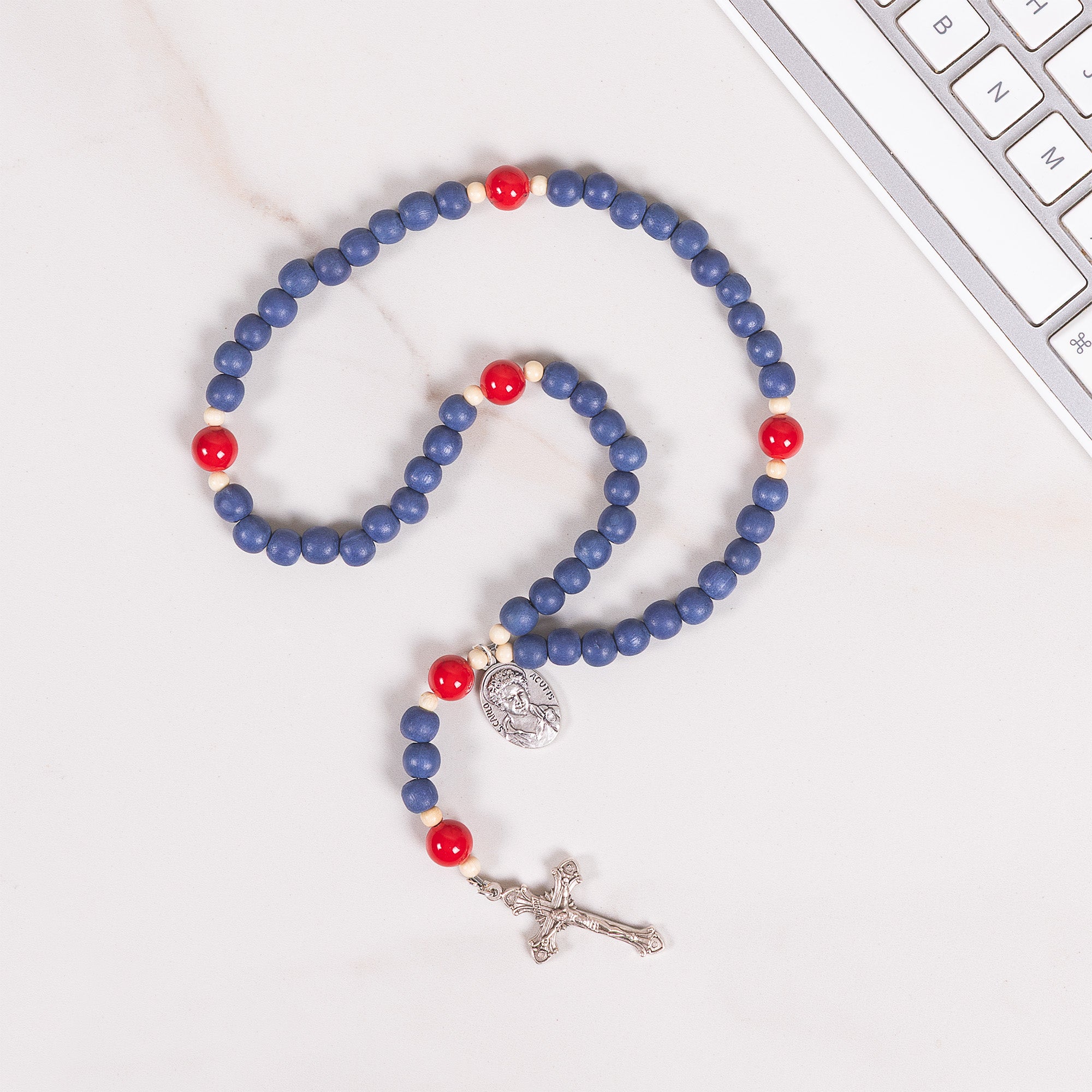St. Carlo Acutis Blue Wood & Red Mountain Jade Rosary