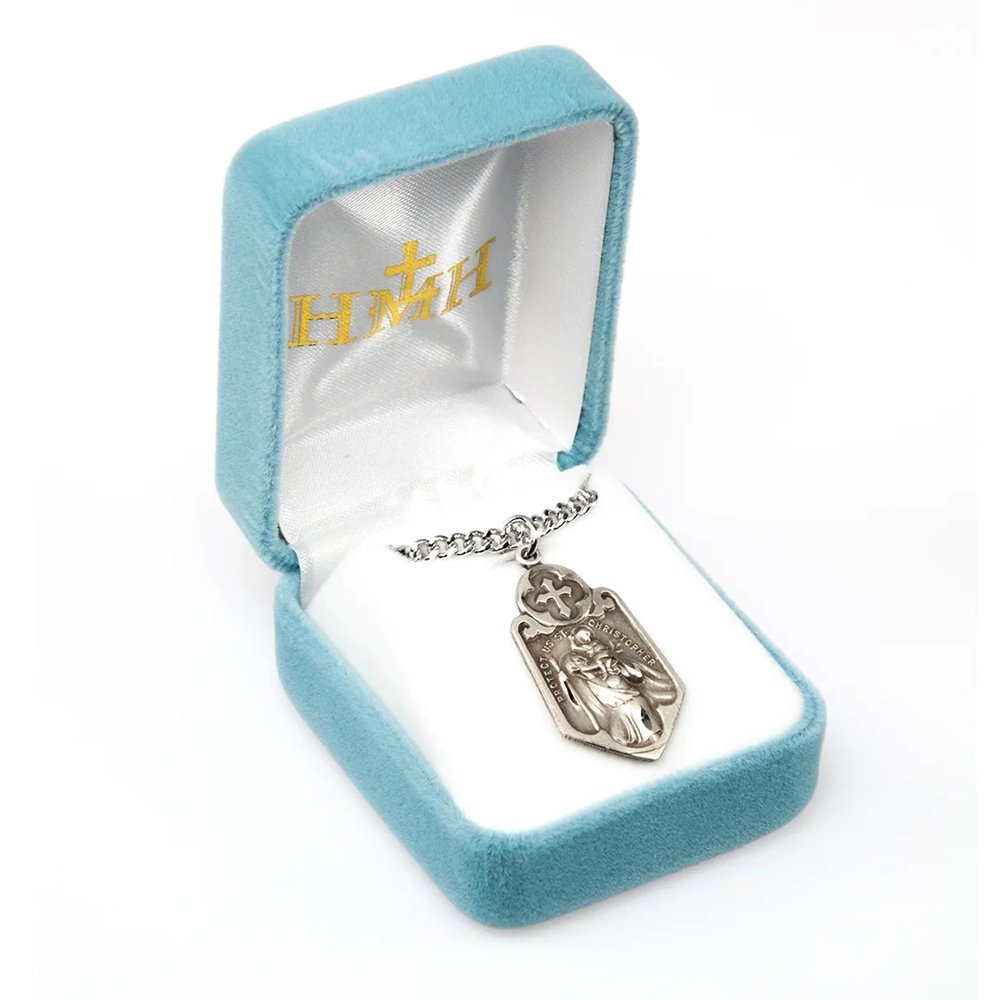 Sterling Silver St. Christopher Protect Us Cross & Shield Necklace