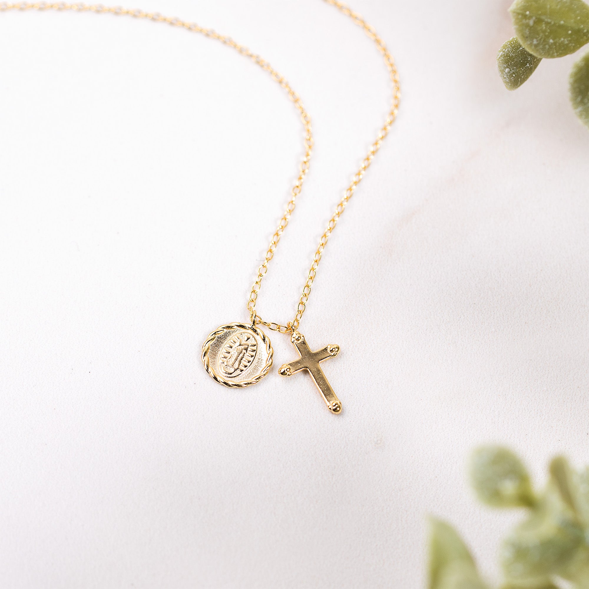 Pearlized Our Lady of Guadalupe & Cross Necklace