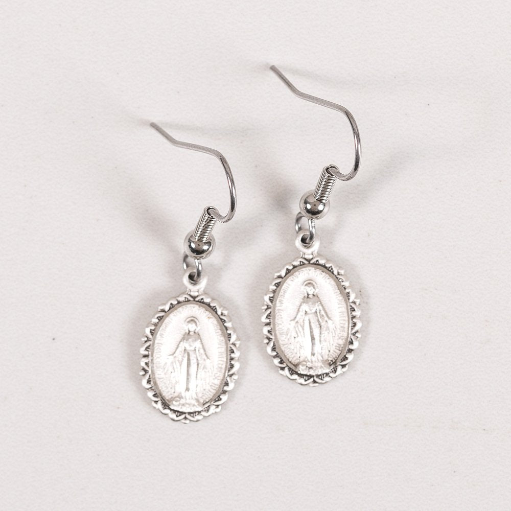Lace Sterling Silver Miraculous Medal Dangle Earrings