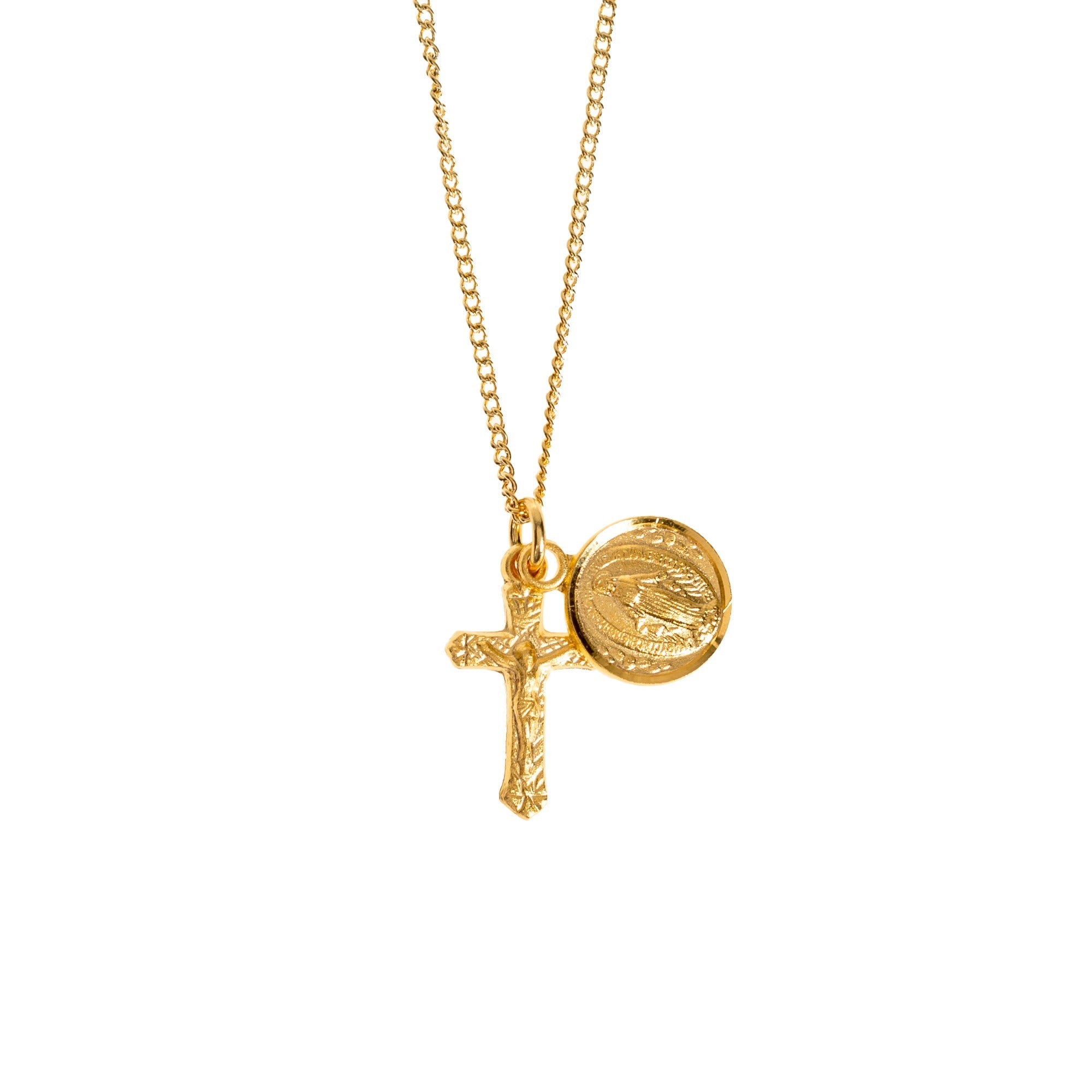 Gold Plated Round Miraculous Medal & Petite Crucifix Necklace