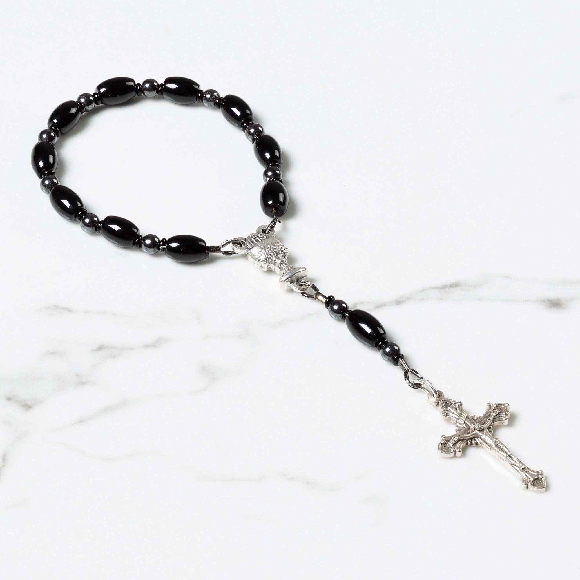 First Communion Black Decade Rosary with Prayer Card