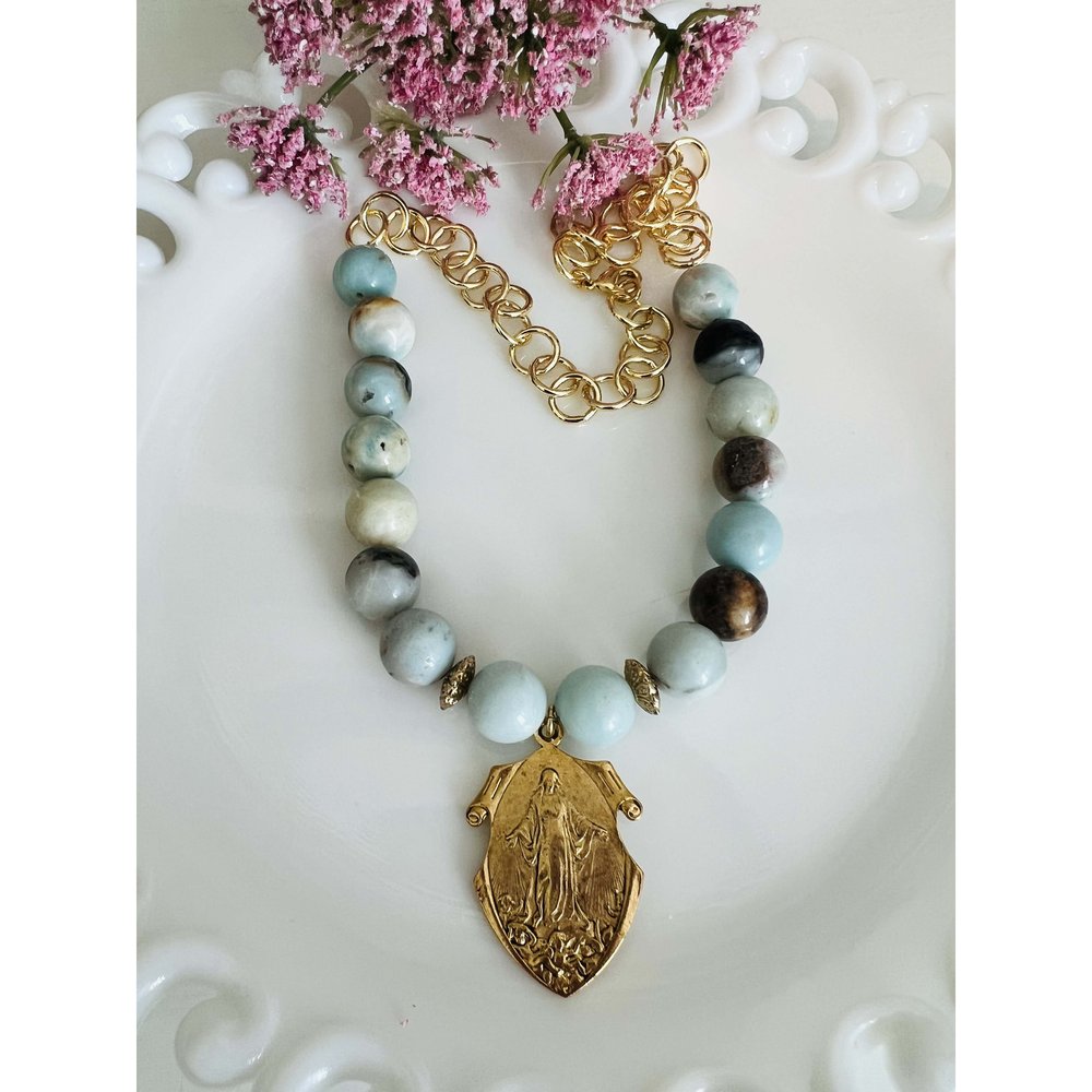 Vintage Amazonite Our Lady of Grace Chunky Necklace