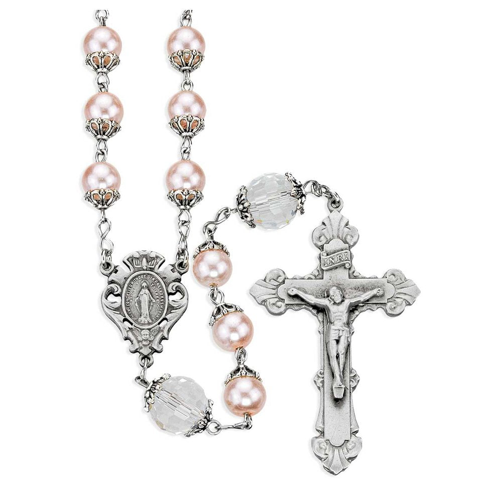 Pink Pearl & Crystal Silver Plated Miraculous Medal Rosary