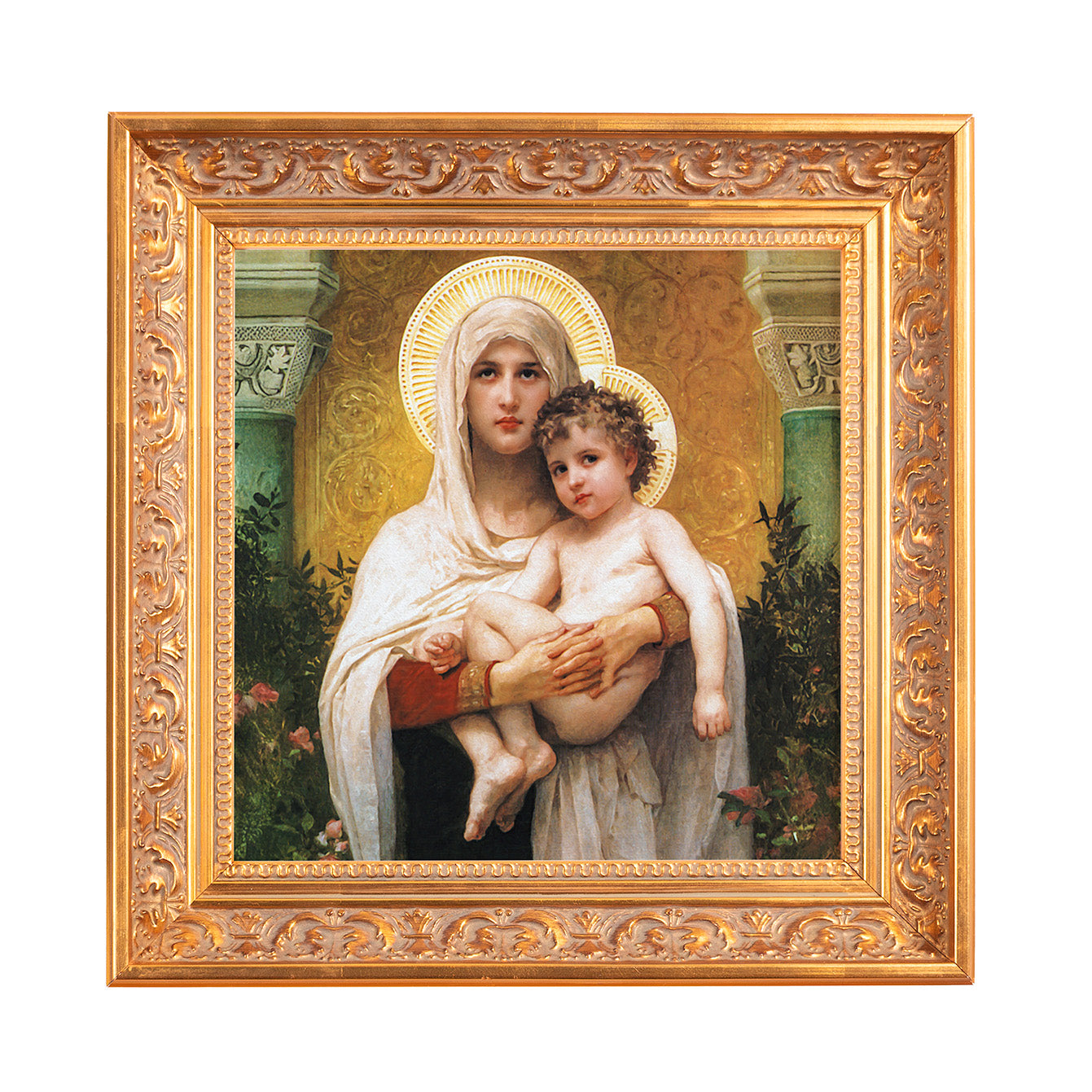 Framed reproduction of Virgin and Child painting, ornate gold frame.