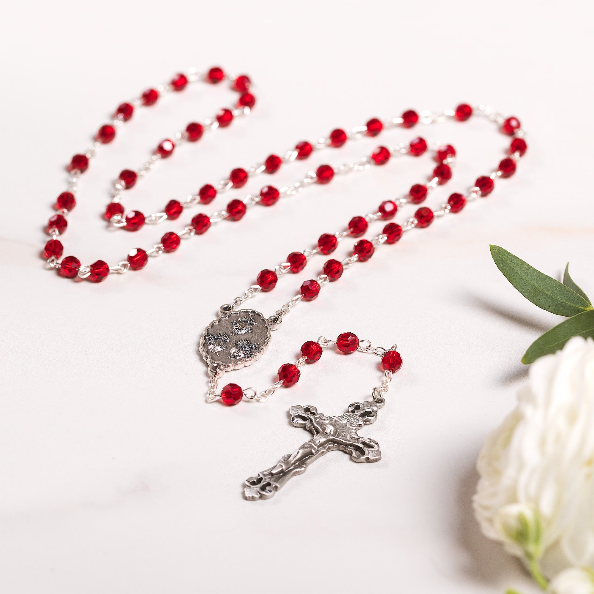Three Hearts Red Crystal Rosary