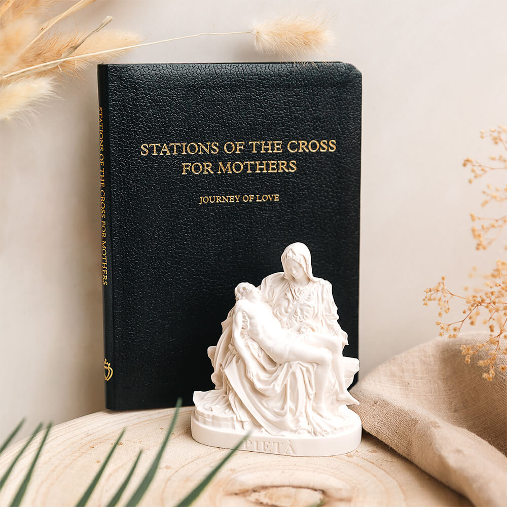 Stations of the Cross for Mothers - Journey of Love & Mini Pieta Alabaster Statue Gift Set