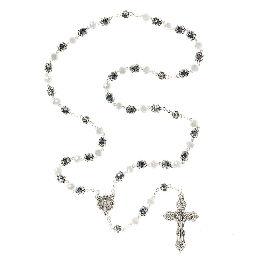 Southwestern Style Our Lady of Fatima Hematite & White Crystal Rosary