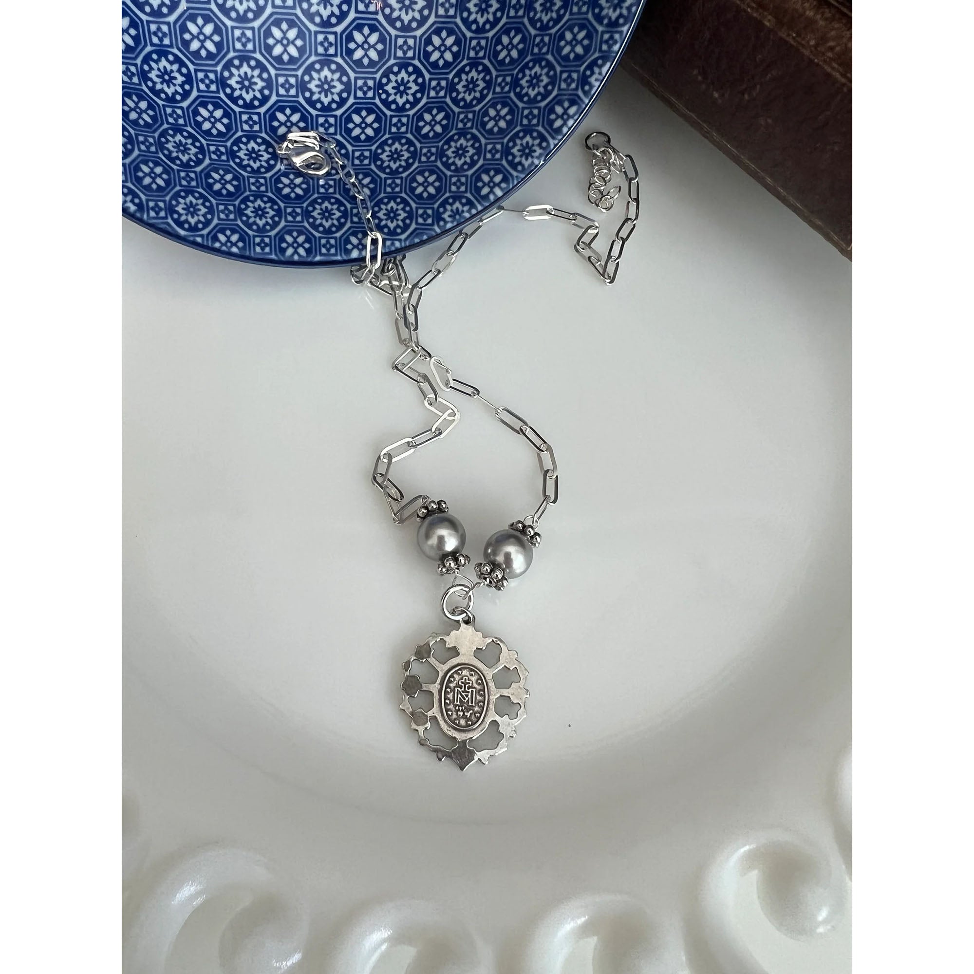 Sterling Silver & Pearl 7 Sorrows Miraculous Medal Necklace