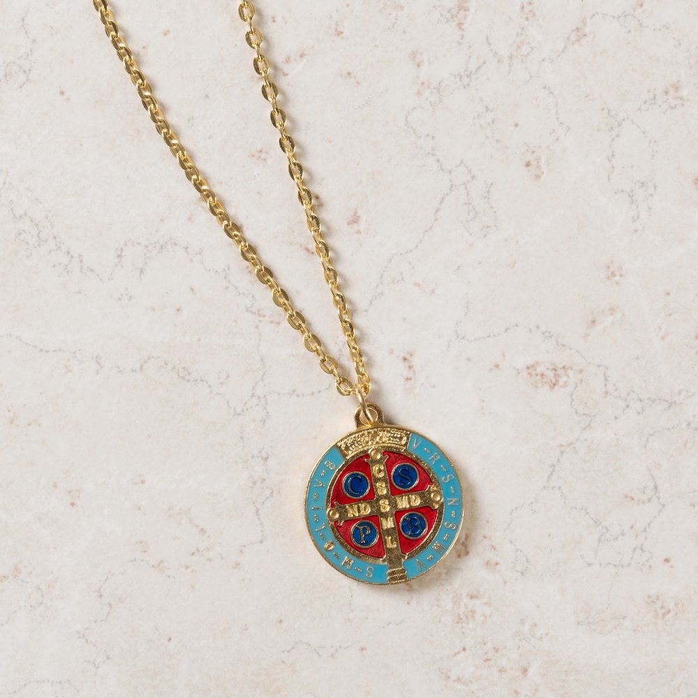 St. Benedict Gilt Gold and Aqua Medal - 24" Chain