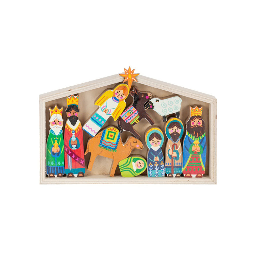 Joyful & Bright Kids Wooden Nativity Scene with Creche Box - 11 Pieces