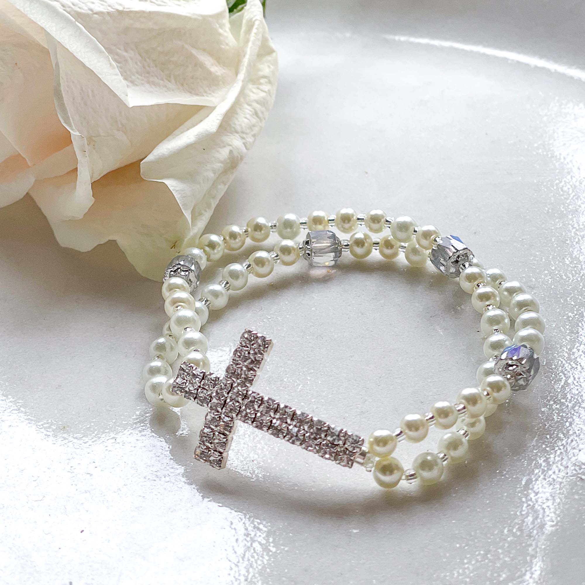 Rhinestone Cross & Pearl First Communion Rosary Bracelet