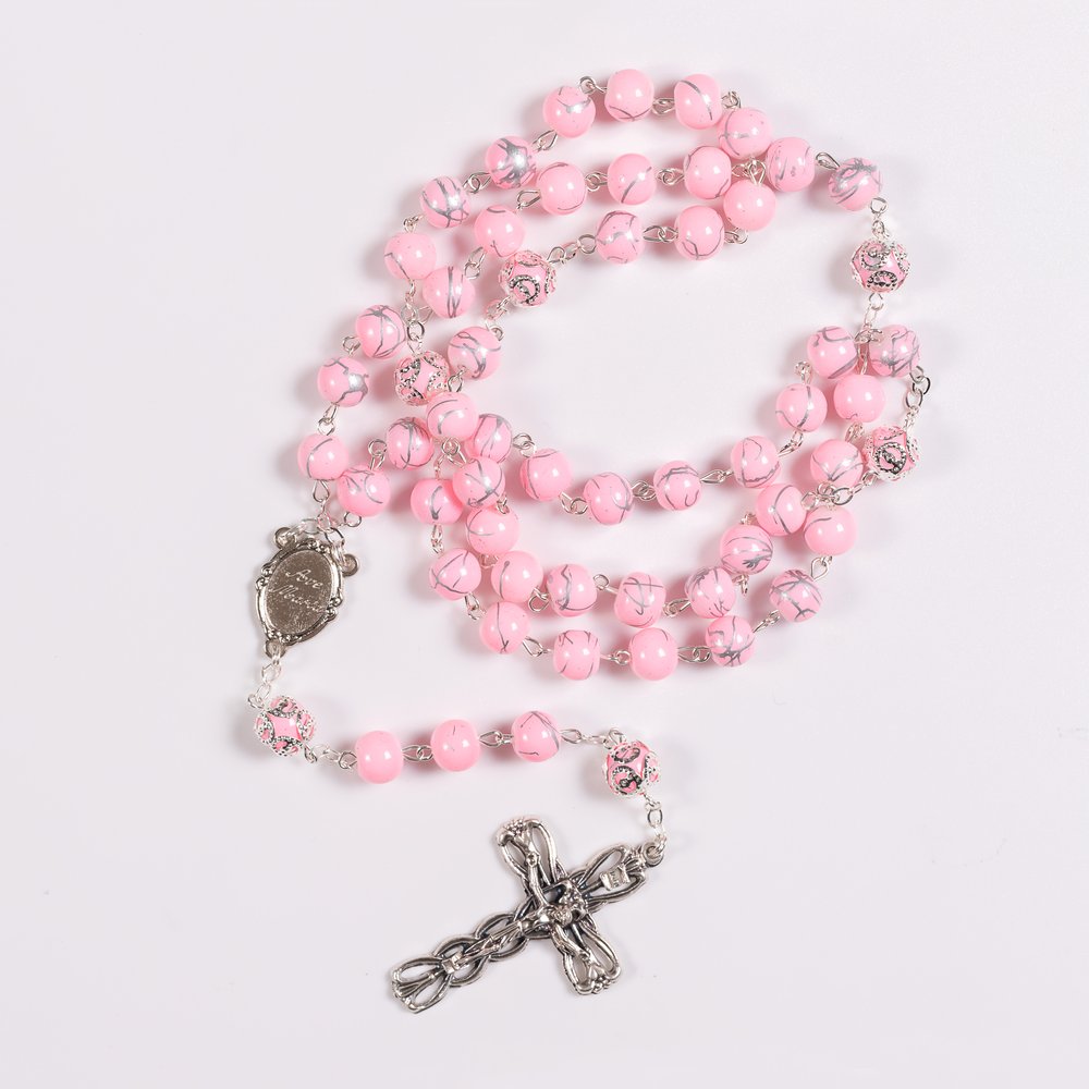 Italian Marbled Silver & Pink Bead Rosary