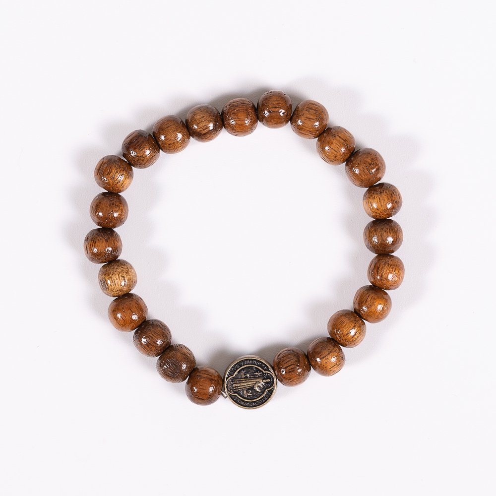 Imbuia Wood St. Benedict Medal Stretch Bracelet