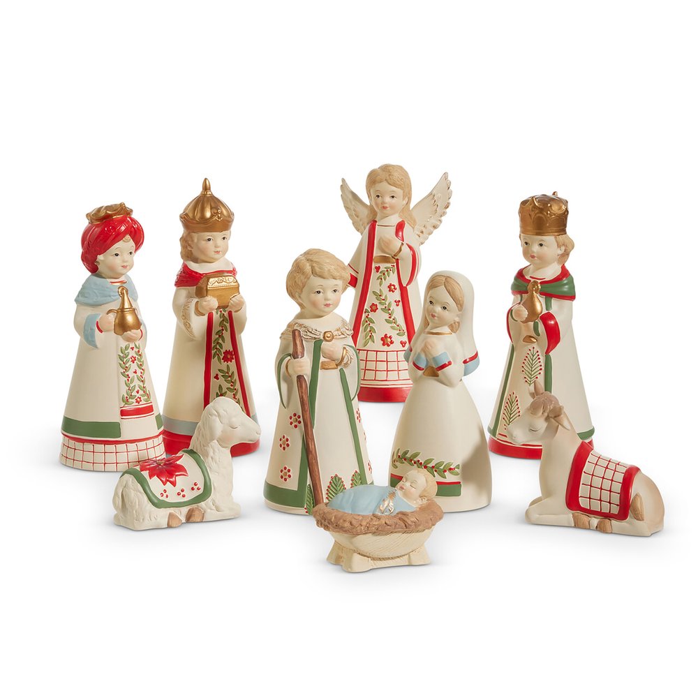 Holly Leaf Painted Nativity - 9 Pieces