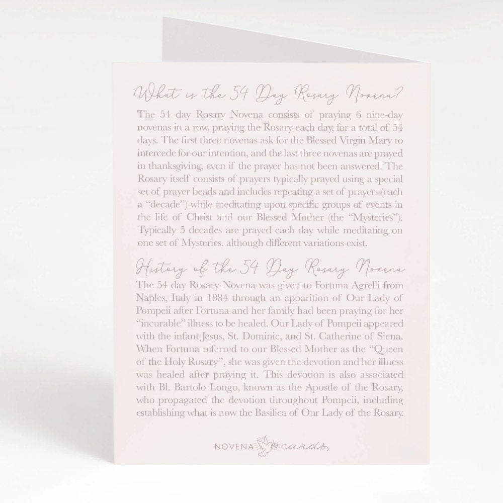 White card explains the 54-Day Rosary Novena, its history and purpose, with light gray font and logo at the bottom.
