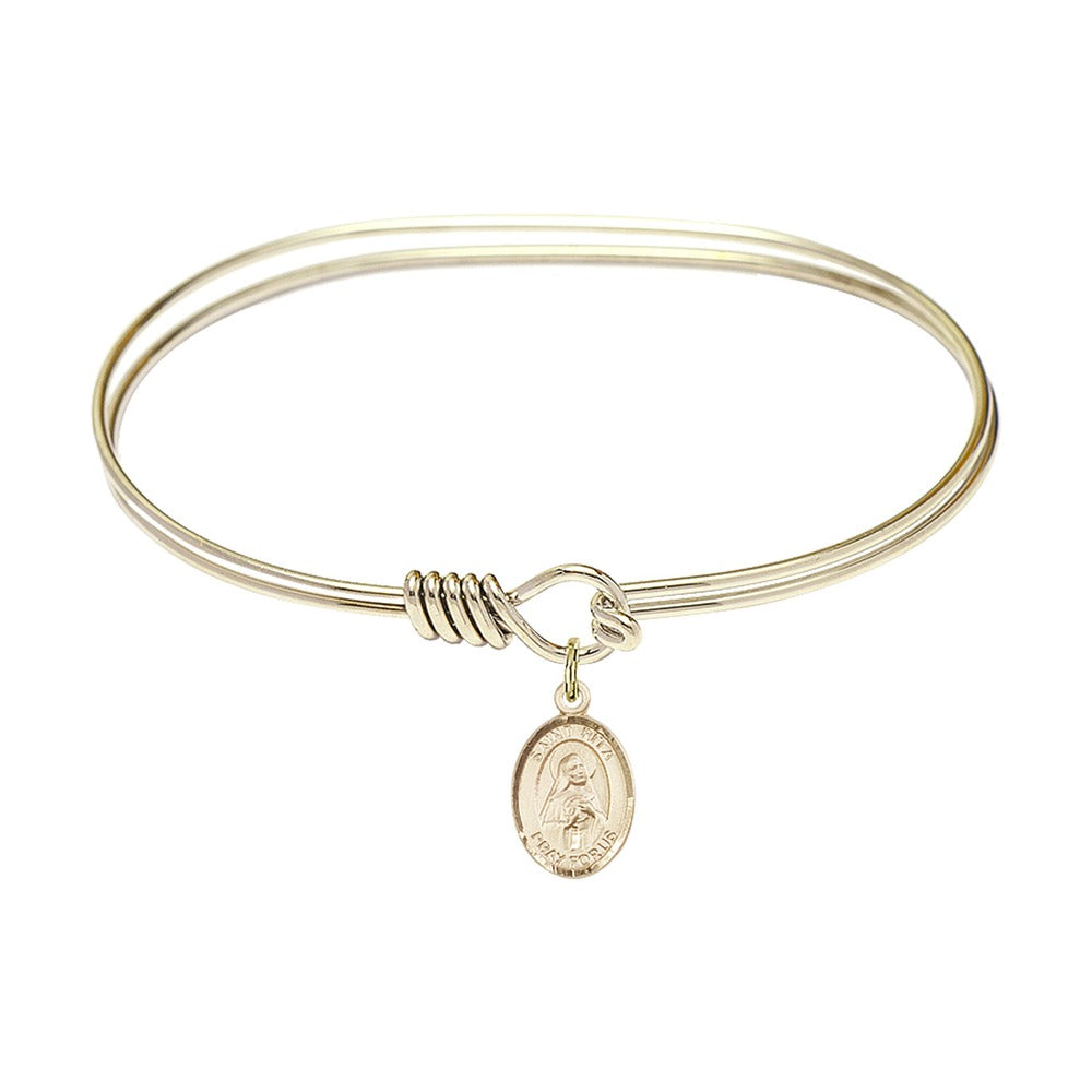Adult 7" Oval Gold Plated Bangle Bracelet with St. Rita of Cascia Medal Charm
