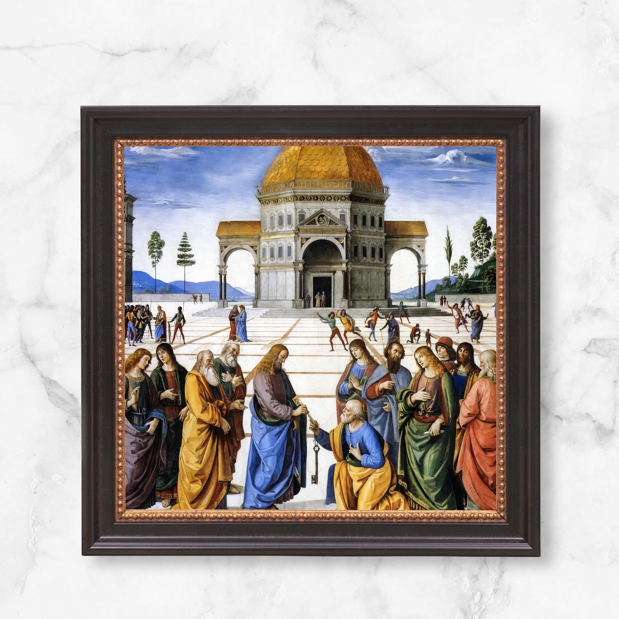 Framed religious art print depicts Jesus giving Saint Peter the keys in Renaissance style.