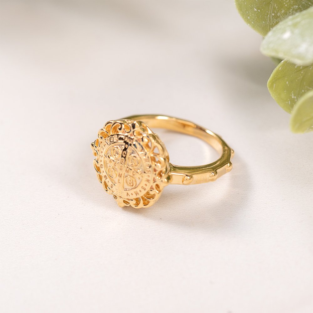 Gold Over Sterling Silver St. Benedict Filigree Rosary Ring
