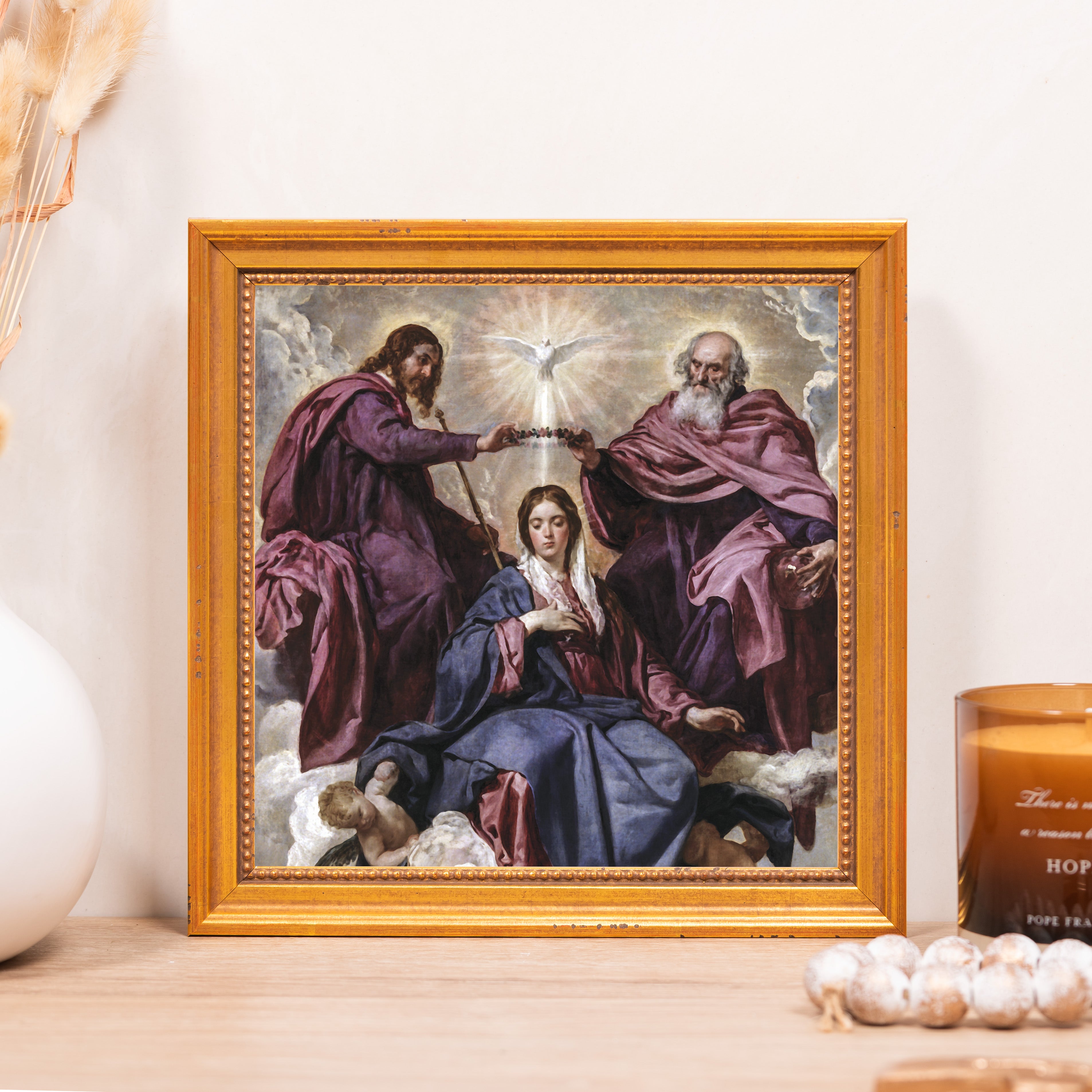 Framed reproduction of the Coronation of the Virgin Mary, Renaissance style with ornate gold frame.