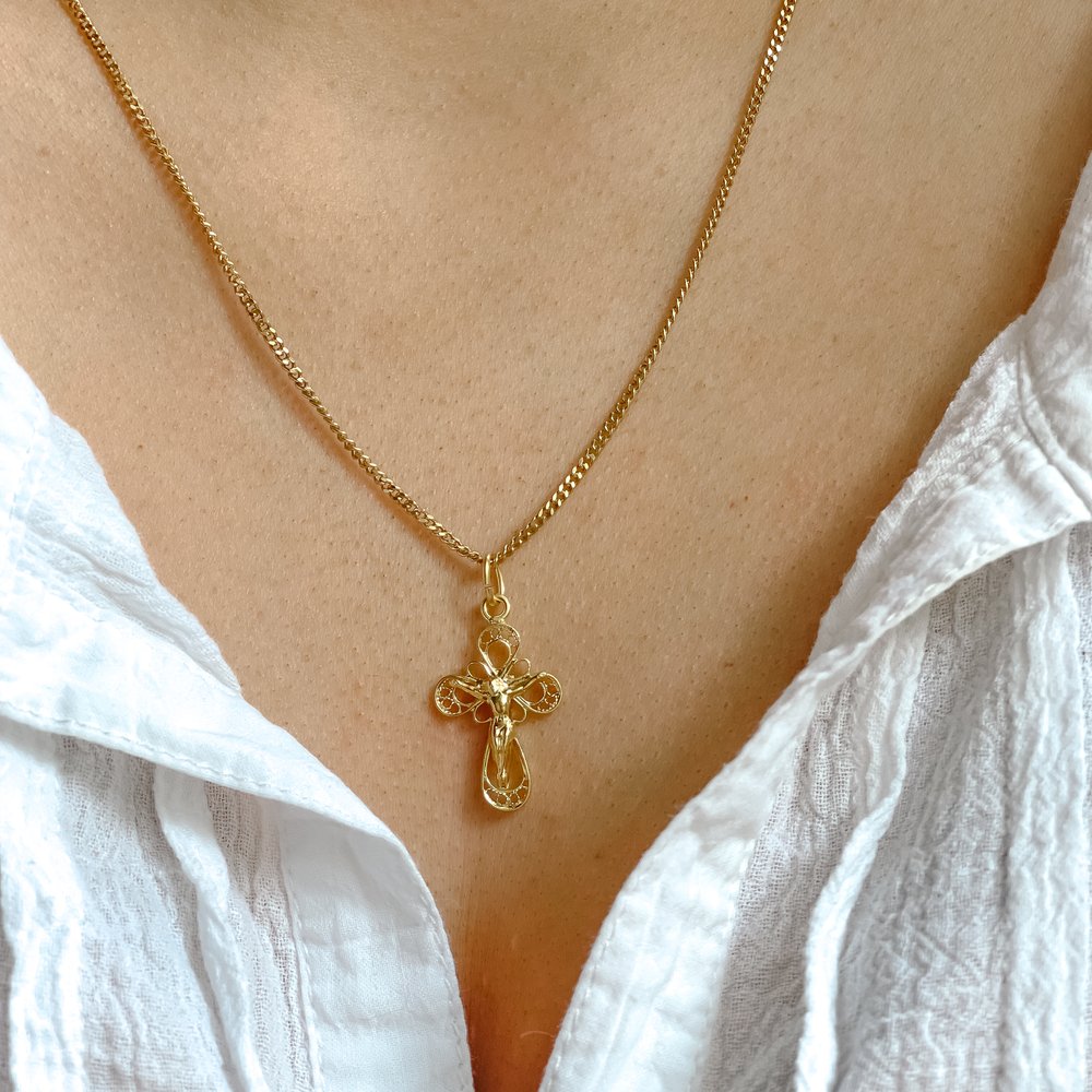 Petite Gold Over Silver Filigree Crucifix Necklace