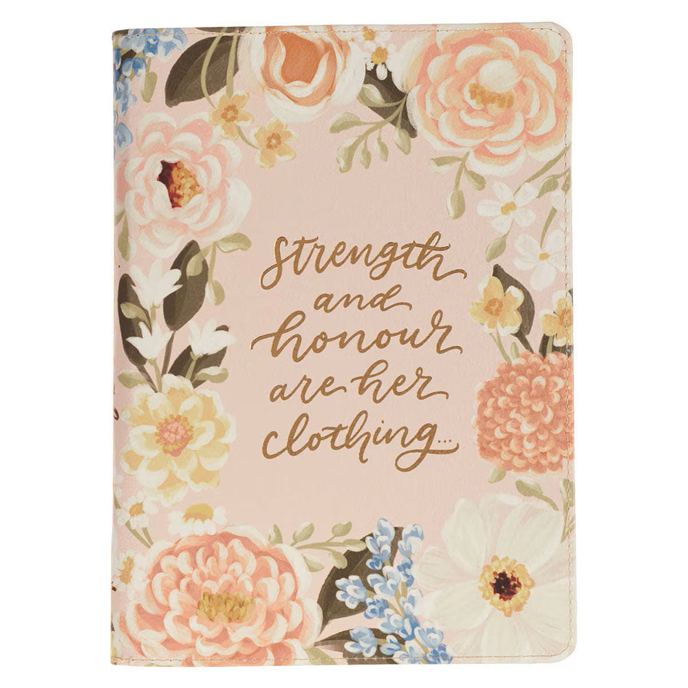 Strength & Honor Pink Floral Faux Leather Journal with Zipper