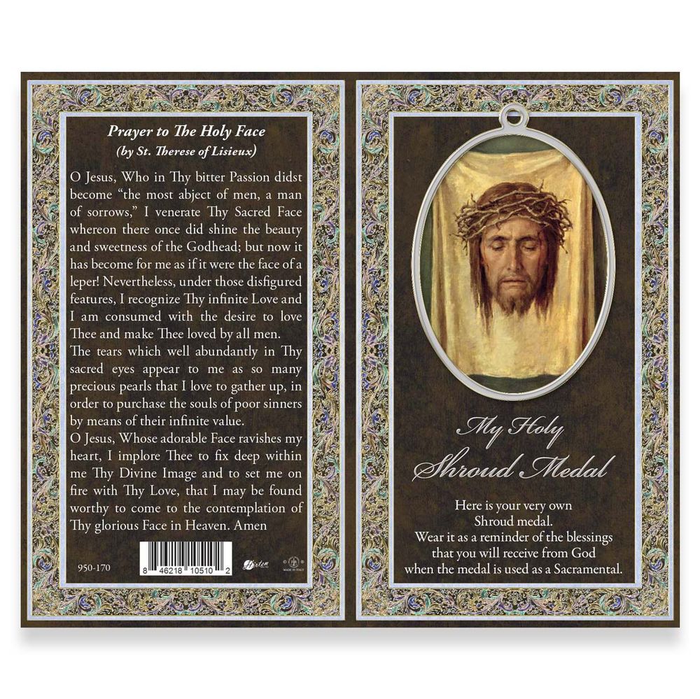 Holy Shroud/Holy Face Pewter Medal Necklace & Prayer Card Pamphlet