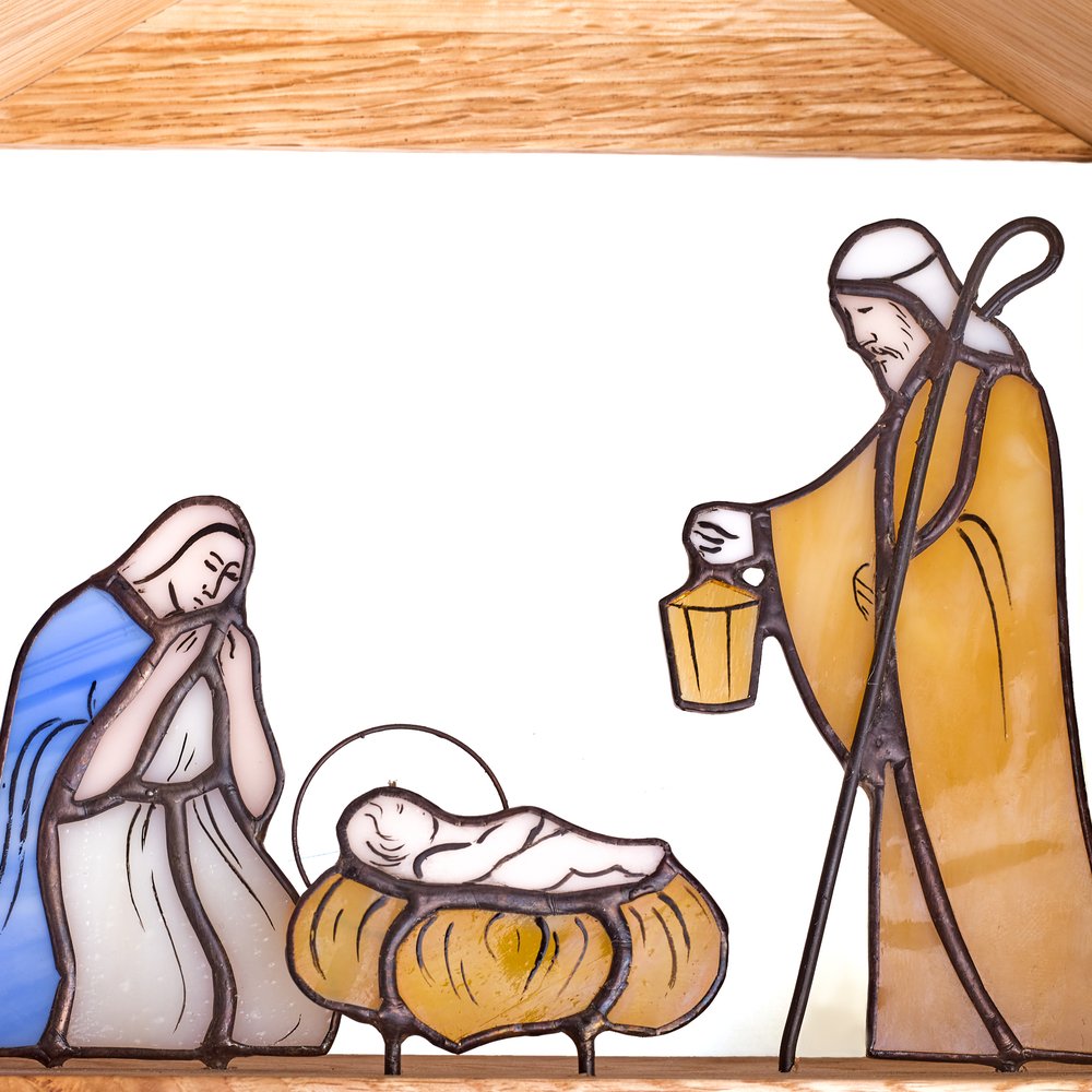 Handcrafted Stained Glass Nativity Scene with Wooden Stable