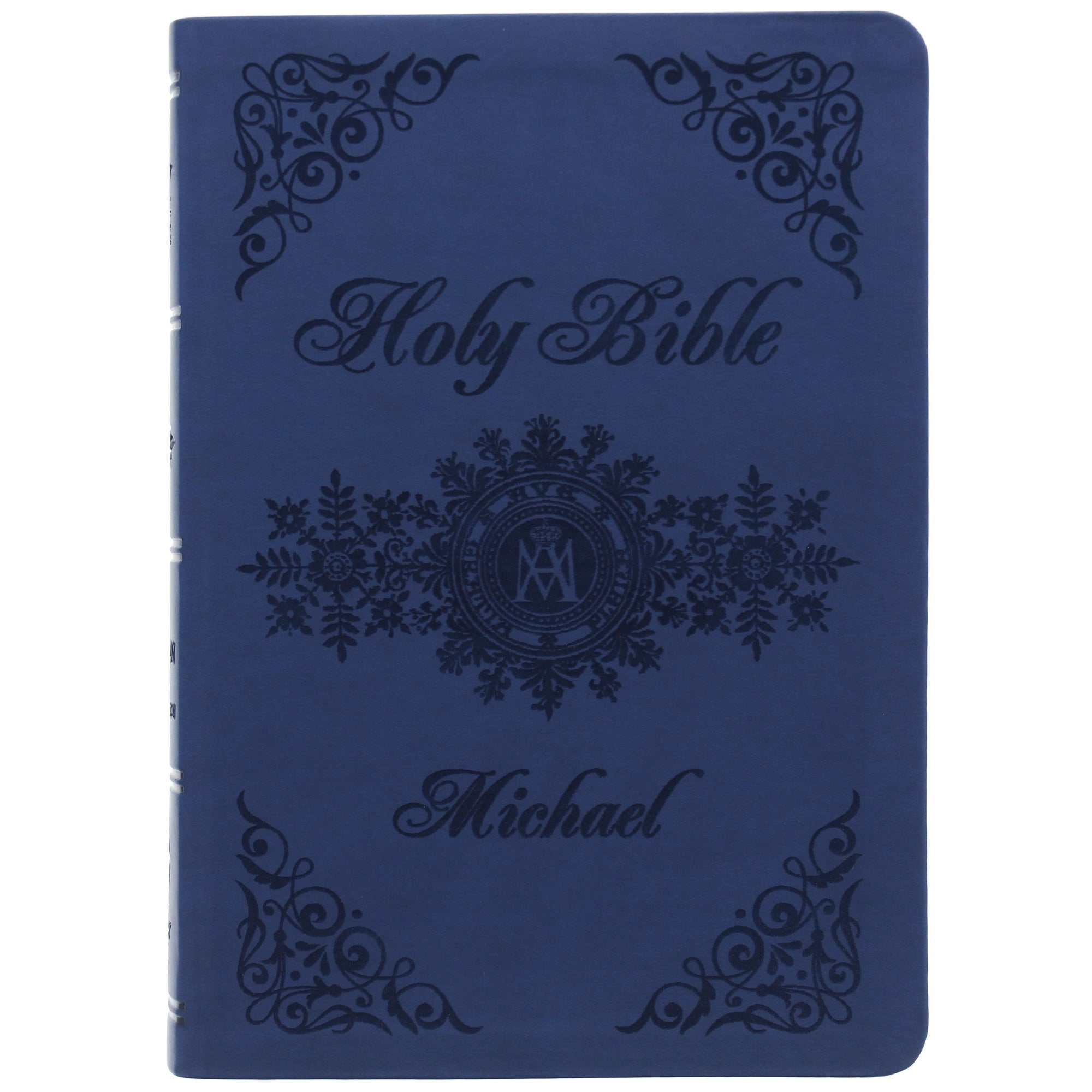 Holy Bible, blue cover with dark floral accents and the name Michael.