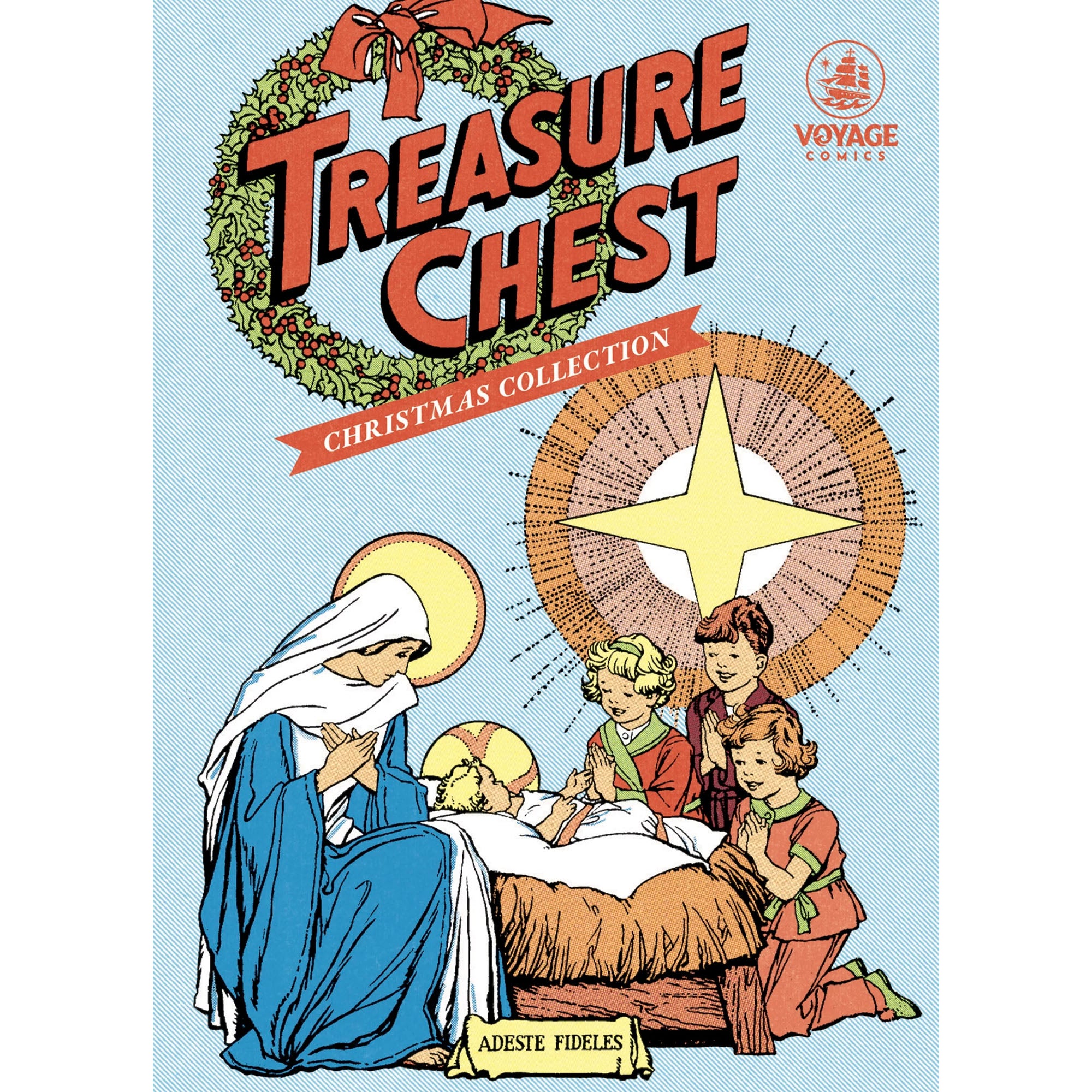 Comic book cover featuring Mary, Jesus, and children in vintage style.
