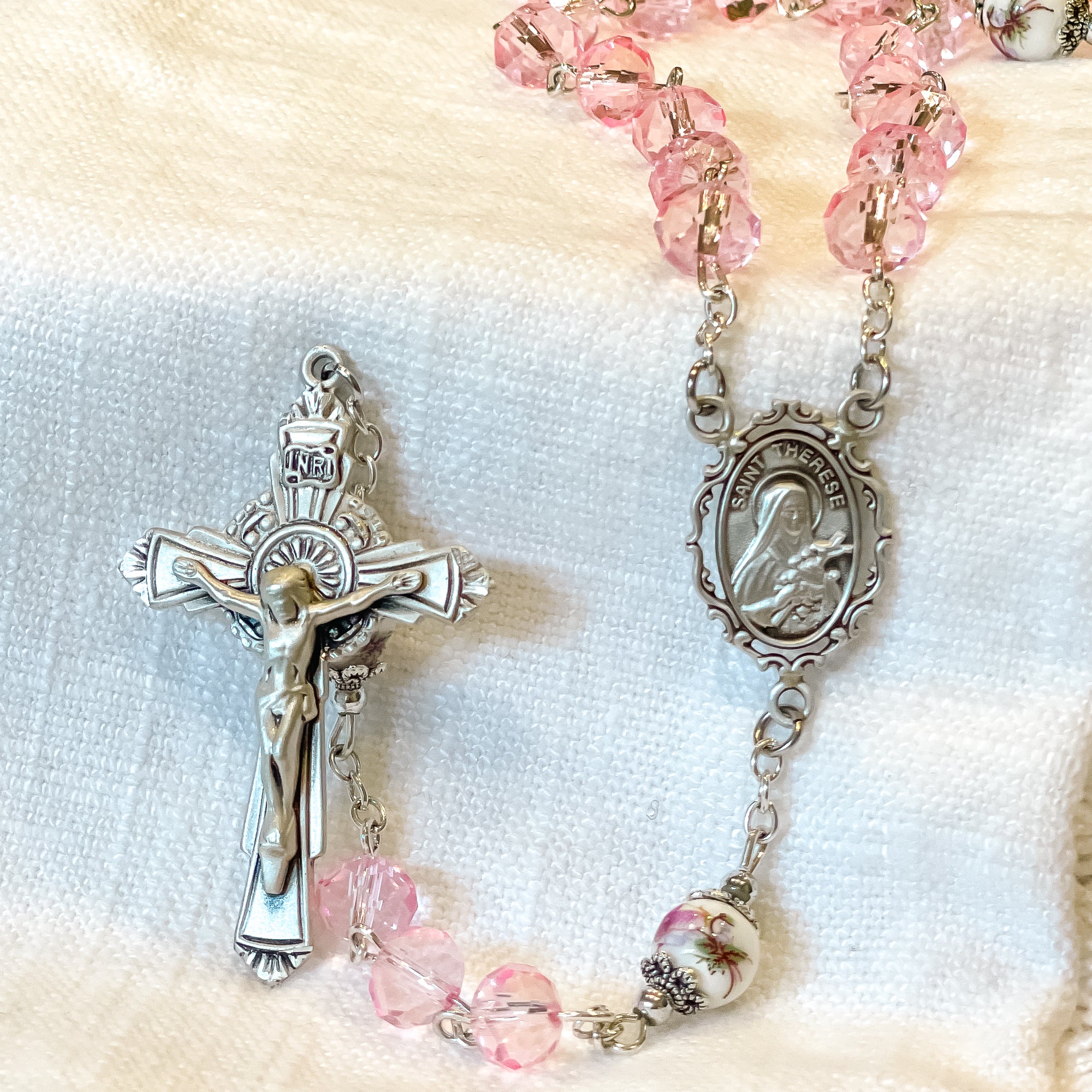 St Therese Pink Crystal & Ceramic Rosary