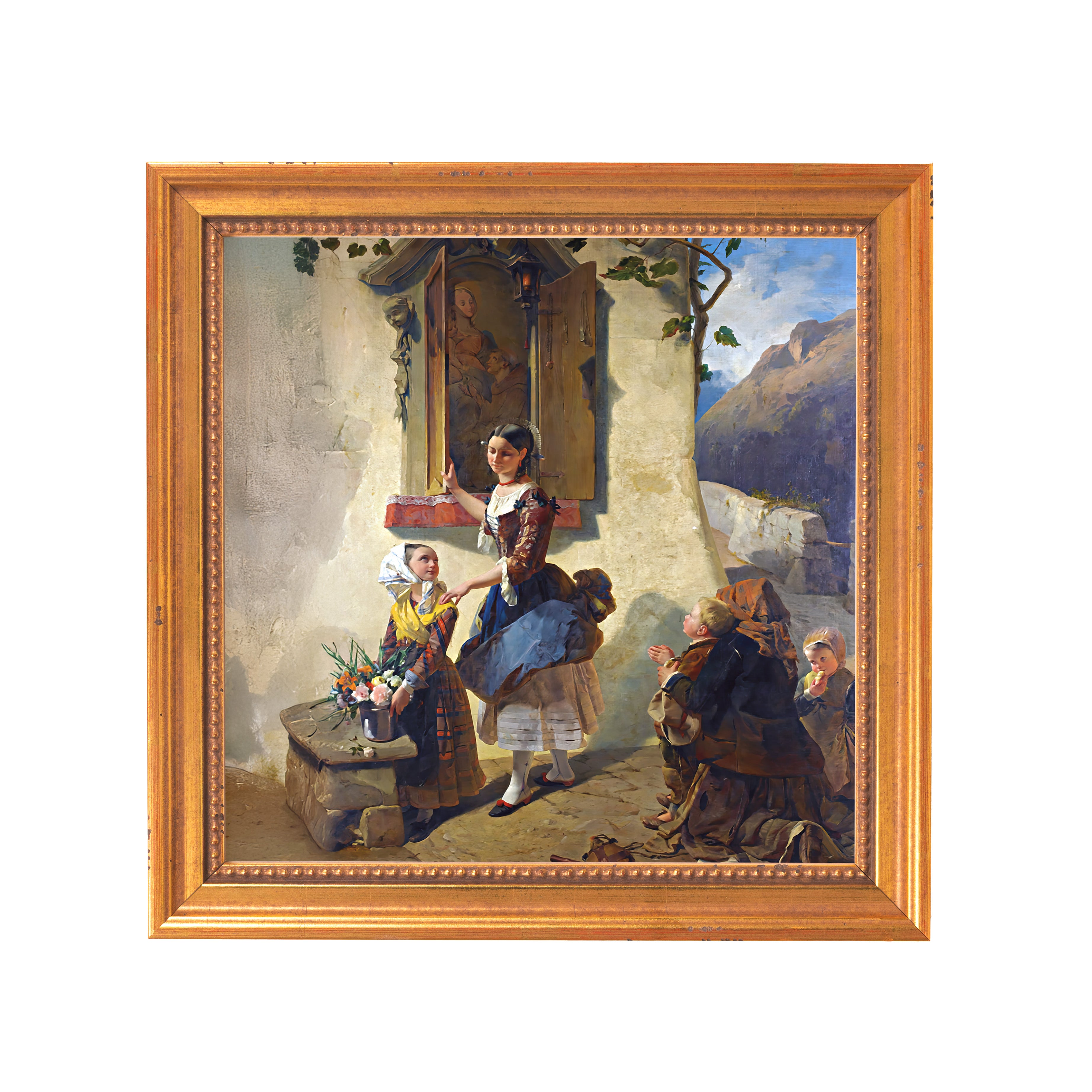 Framed painting of women and children with blue, white, and brown clothing in an outdoor landscape.