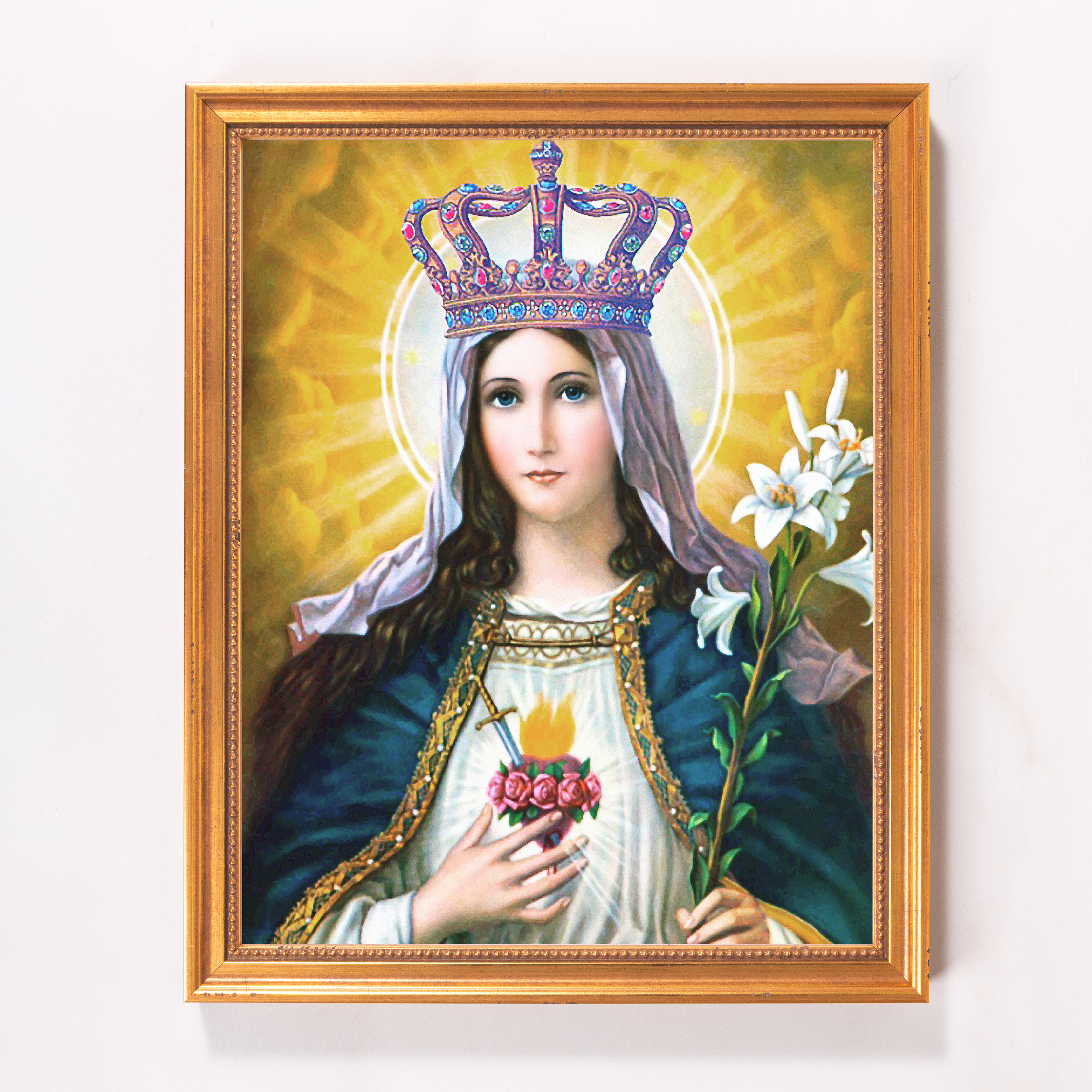 Framed, Religious art print of Virgin Mary with crown, flowers, in gold frame.