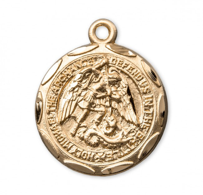 Golden St. Michael pendant depicts the archangel slaying a dragon on a round charm with etched border.
