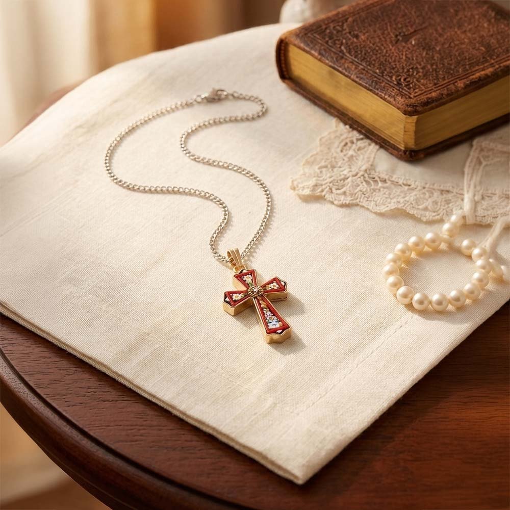 Gold & Floral Mosaic Cross Necklace