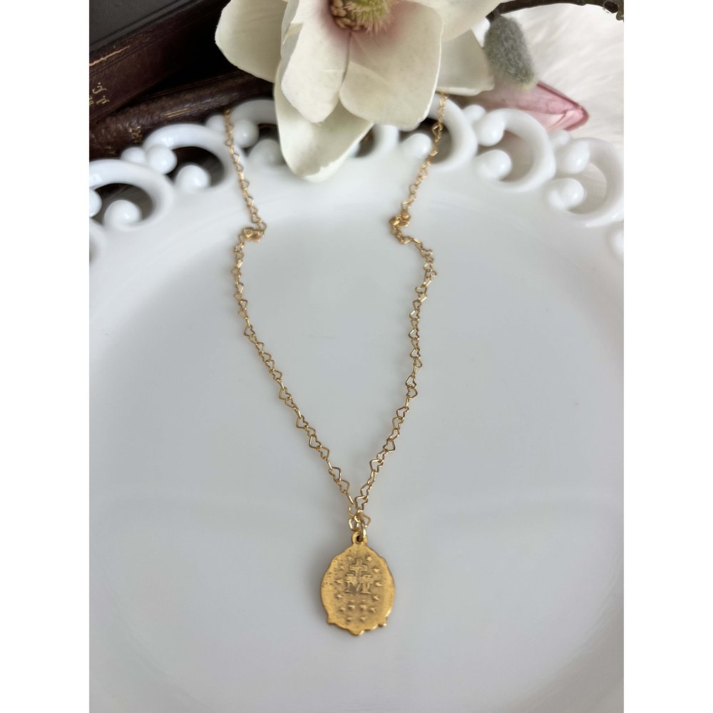Gold Baroque Miraculous Medal on Heart Chain