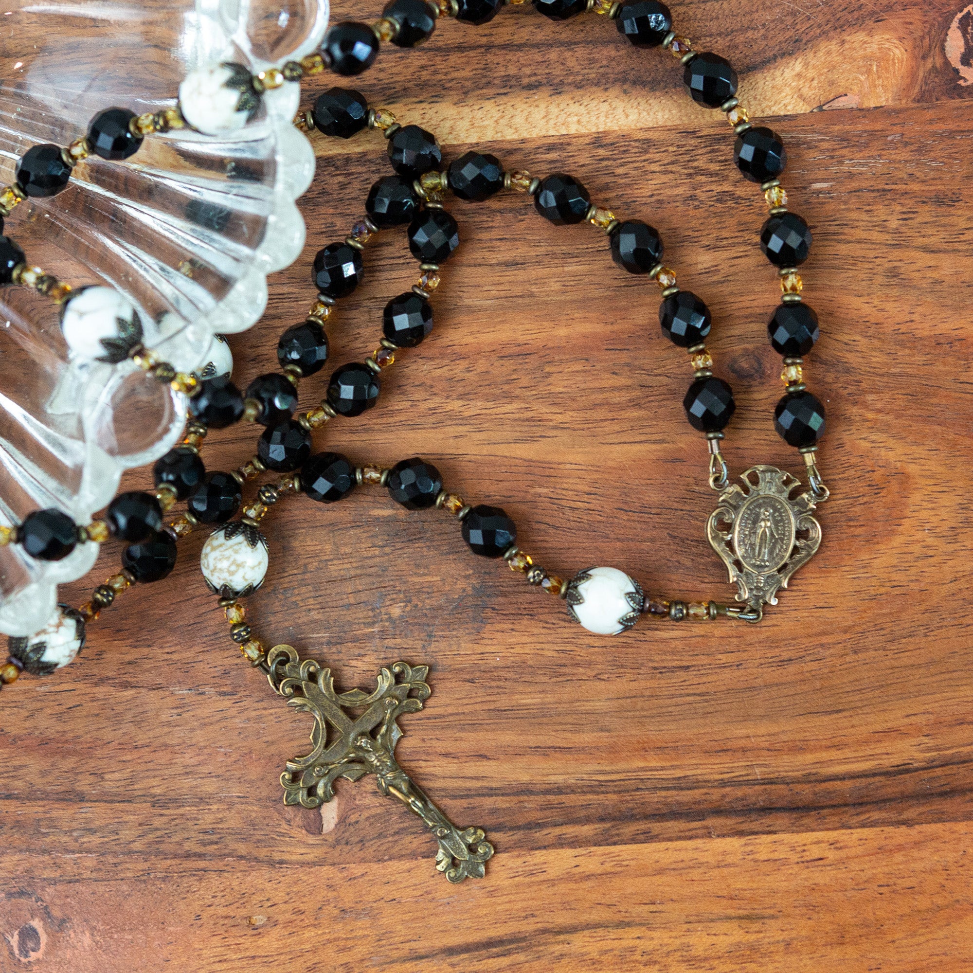 Good Catholic Jet Black & Ivory Antique Bronze Rosary