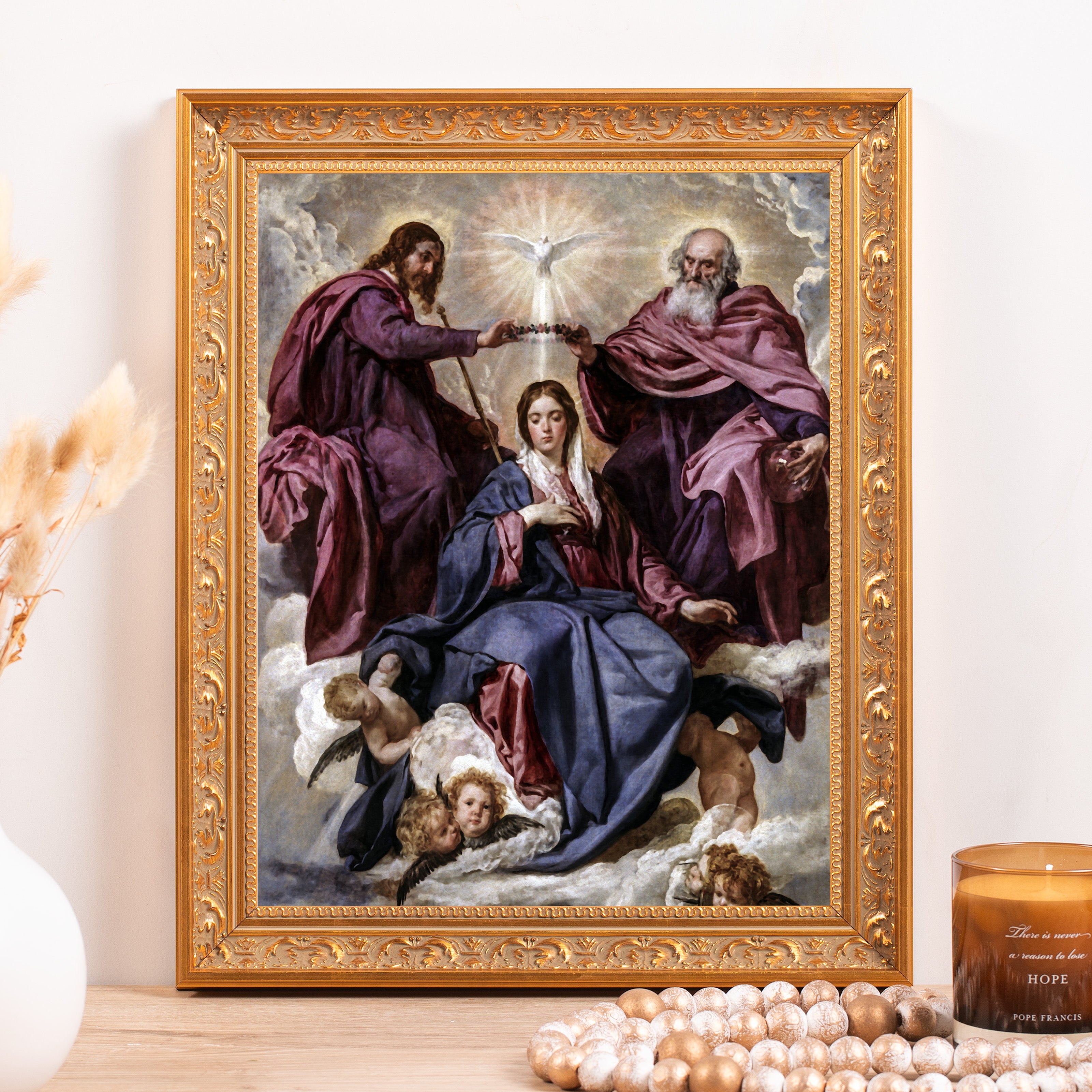 Framed Art depicts Mary's coronation, religious art with a gold ornate frame and a classical, Renaissance-style painting.