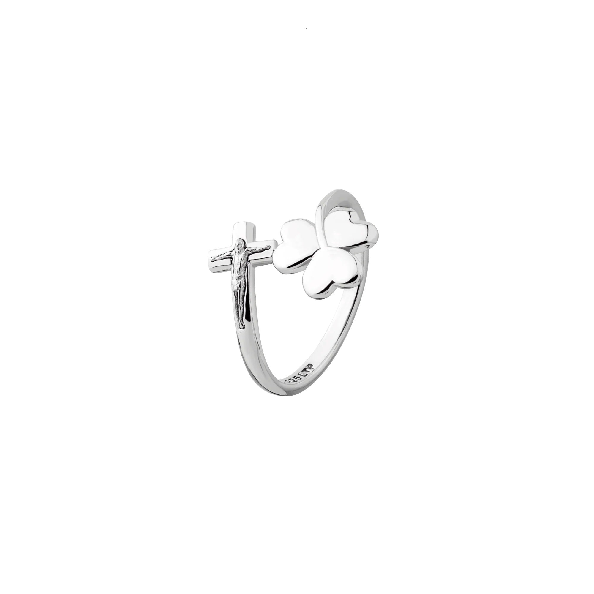 Sterling Silver Irish Trinity Clover & Horizontal Crucifix Adjustable Ring