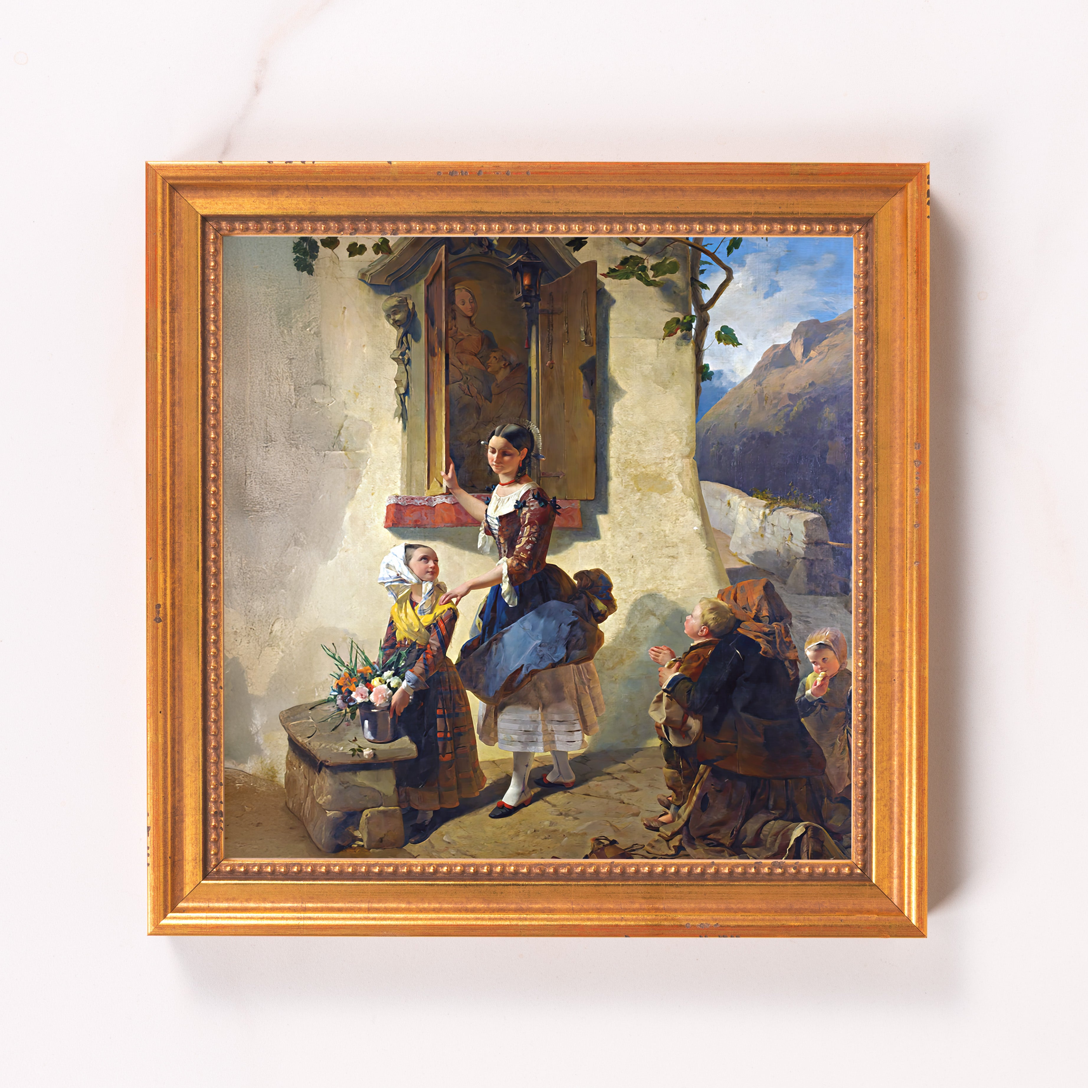 Framed painting shows people gathering at a building to look at a woman, rendered with oil paints in a realistic style.