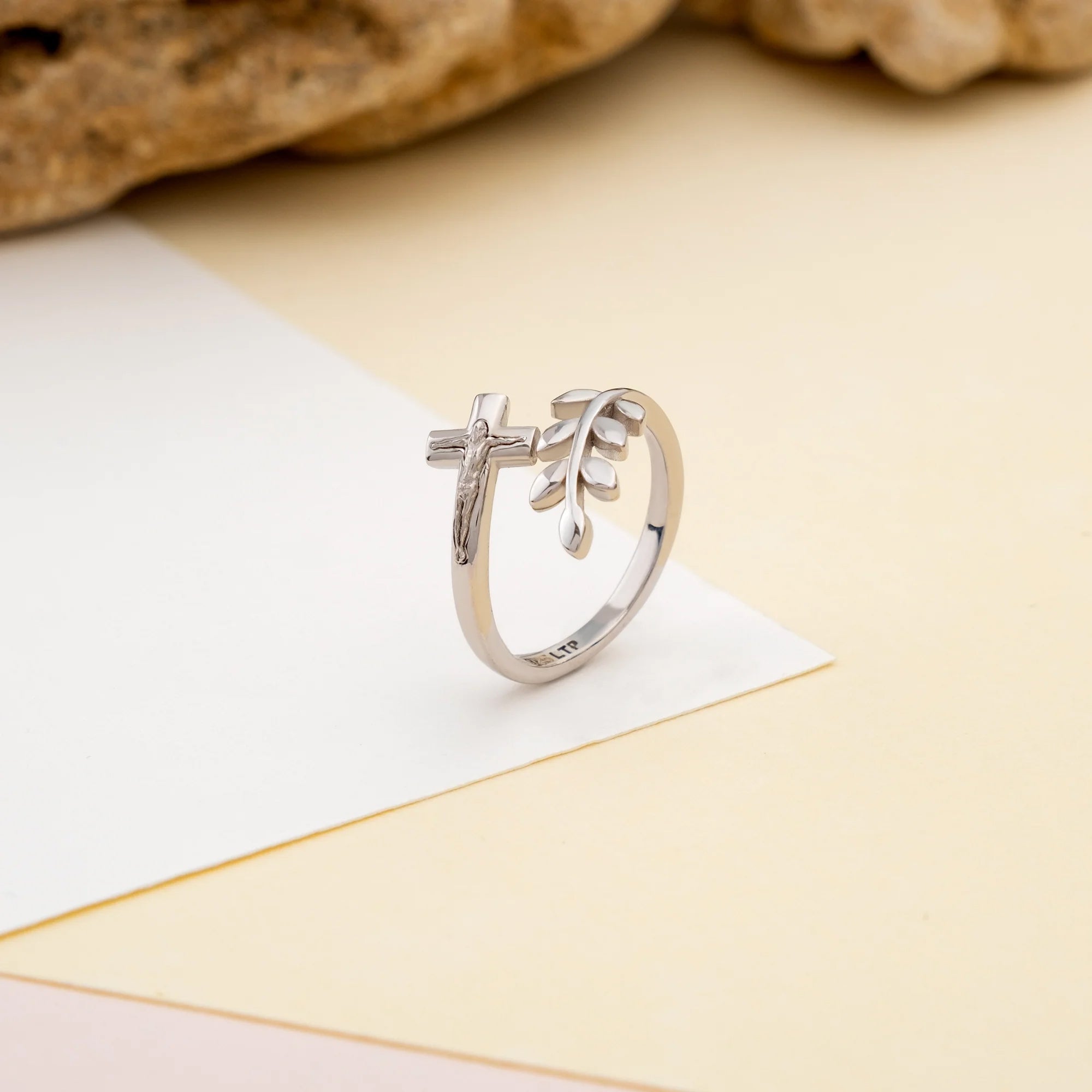 Sterling Silver Peace Olive Branch & Crucifix Adjustable Ring