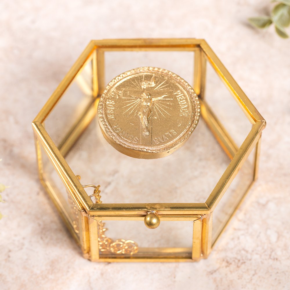 Gold Crucifix Glass Rosary Box