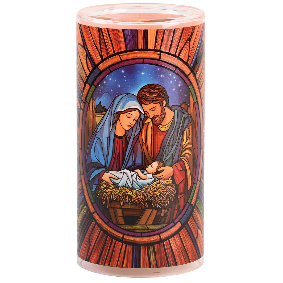 Holy Family Stained Glass Style Candle Holder with 3" LED Candle