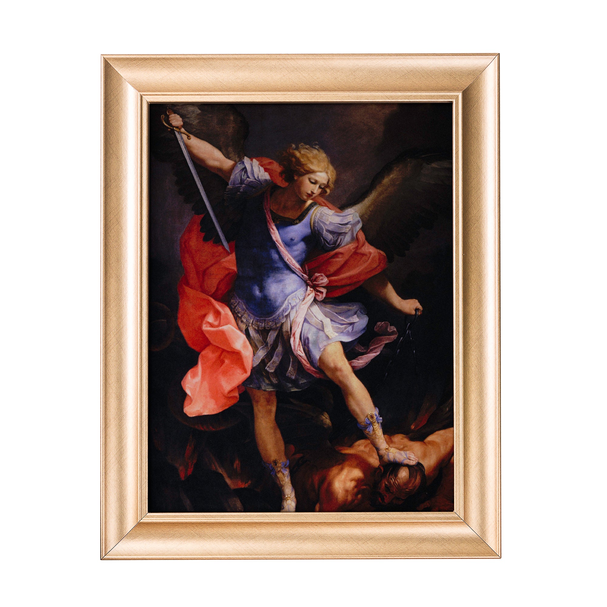 Framed, Religious artwork depicts Saint Michael vanquishing evil, in a gold frame.