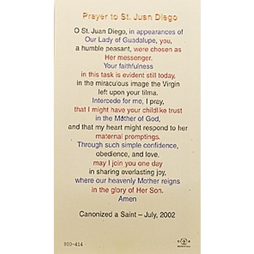 Prayer to St. Juan Diego with Our Lady of Guadalupe - Prayer Card