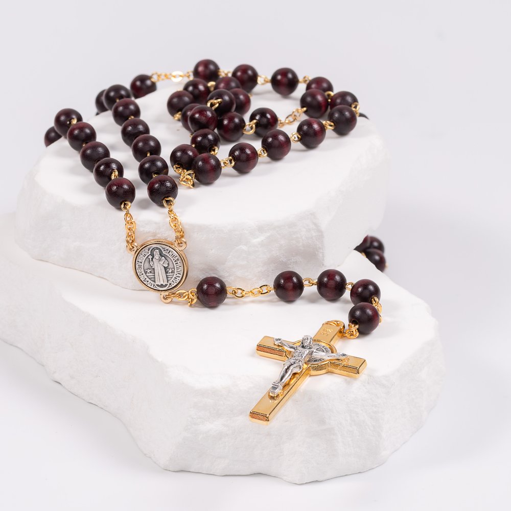 Two Tone Mahogany Wood St. Benedict Rosary