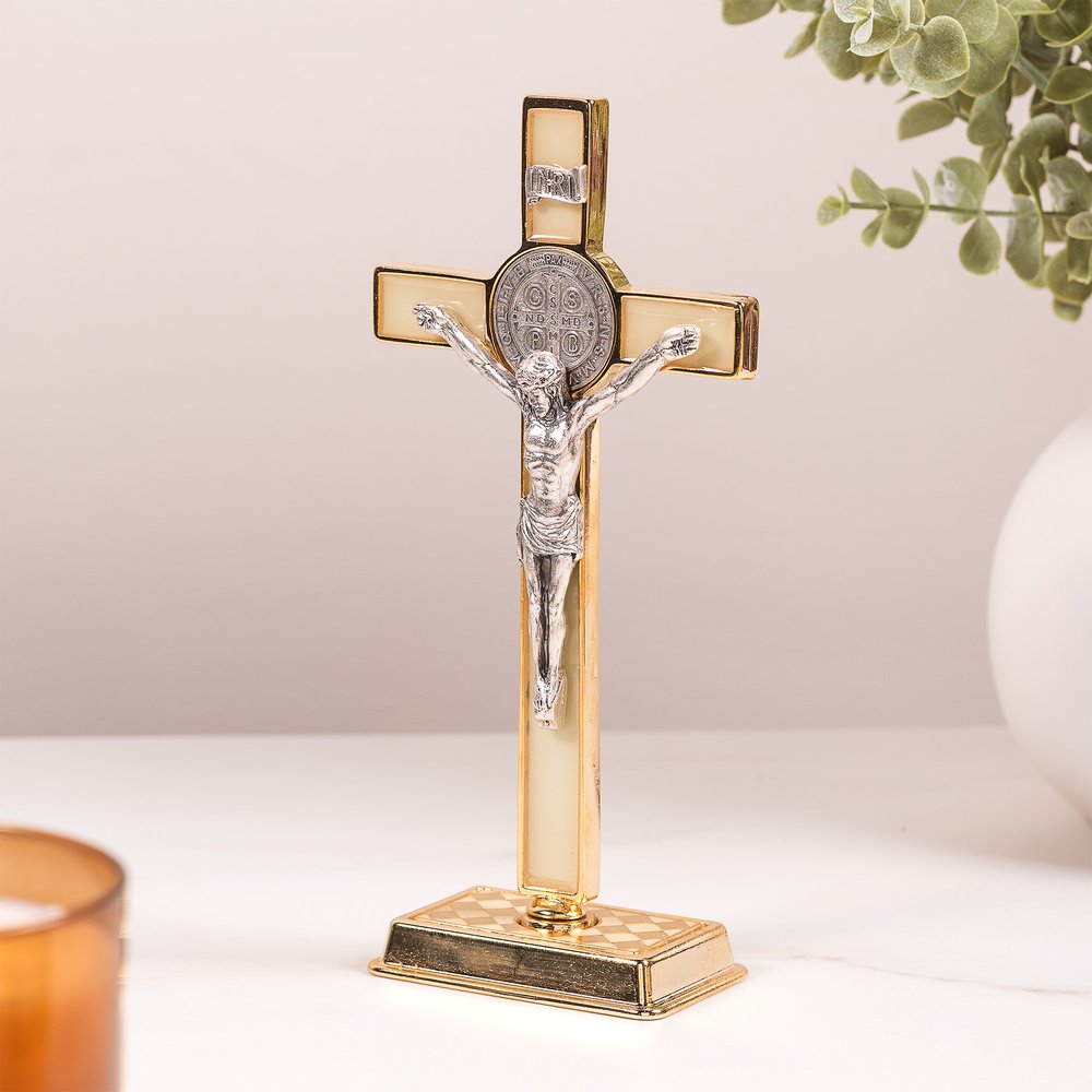 Gold & Silver Standing St. Benedict Crucifix - 8.3" x 3.5"