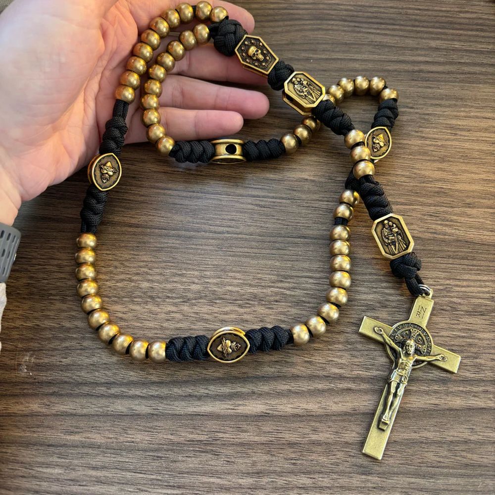 Handmade Rosary made of gold beads and black cord, with brass religious icons and crucifix.
